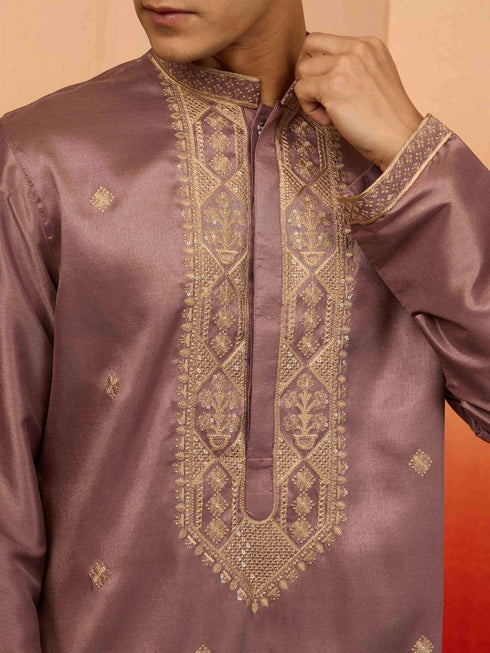 Men's Lavender Resham Embroidered Silk Kurta